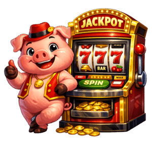 หมูยืนอยู่ข้างเครื่องเล่นสล็อต